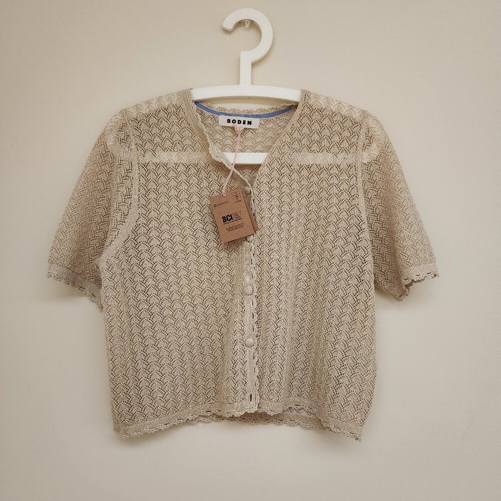 Boden Cropped Short Sleeve Botton Down Cardigan in Gold Metallic Sparkle Size M